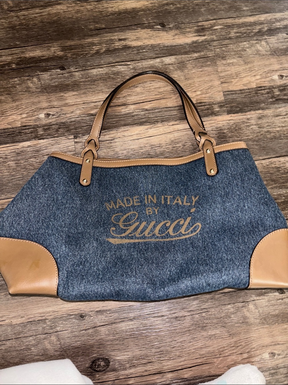Gucci Blue Wool Tote with Tan Leather Trim